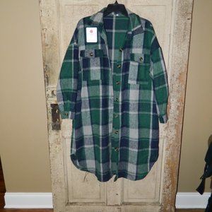 PUWEI Women's Lapel Button Down Long Plaid Shirt Tartan Shacket Jacket M (KK-2)